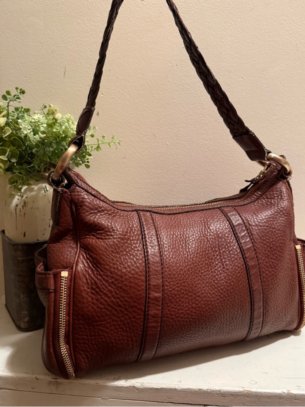 Cole Haan Hobo Brown Leather Shoulder Bag With Braided Strap - Picture 3 of 15